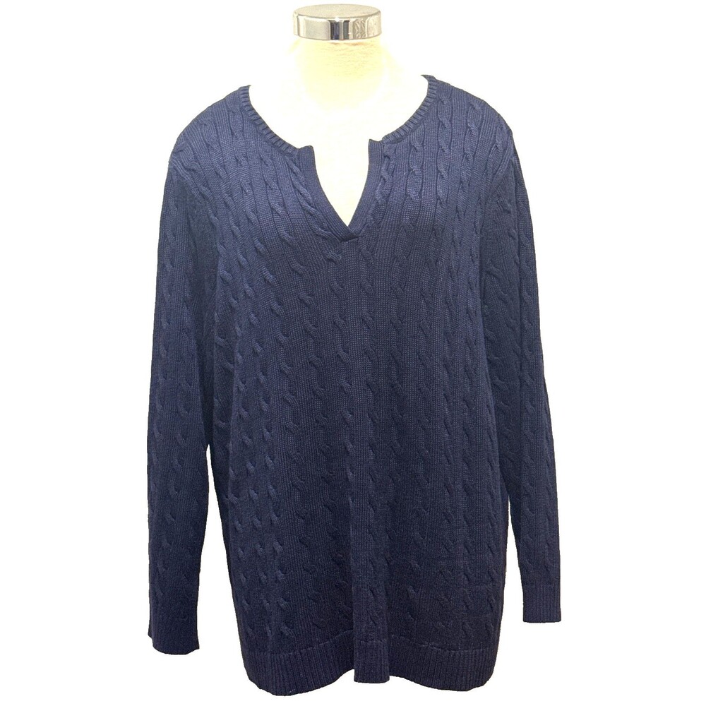 RALPH LAUREN Womens 2X Navy Cotton V-Neck Cable Knit Sweater Travel Vacation EUC